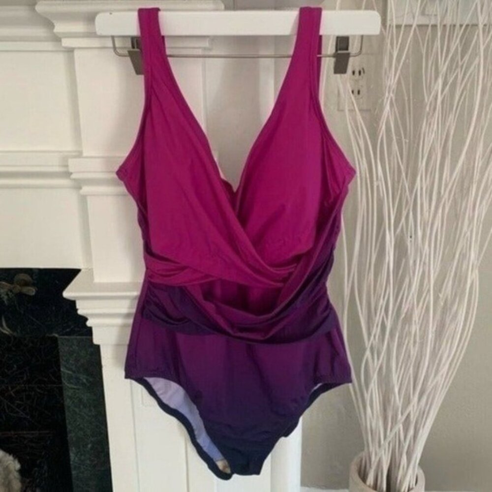 Lands' End Slender wrap tummy control Purple Swimsuit pink - Picture 4 of 6